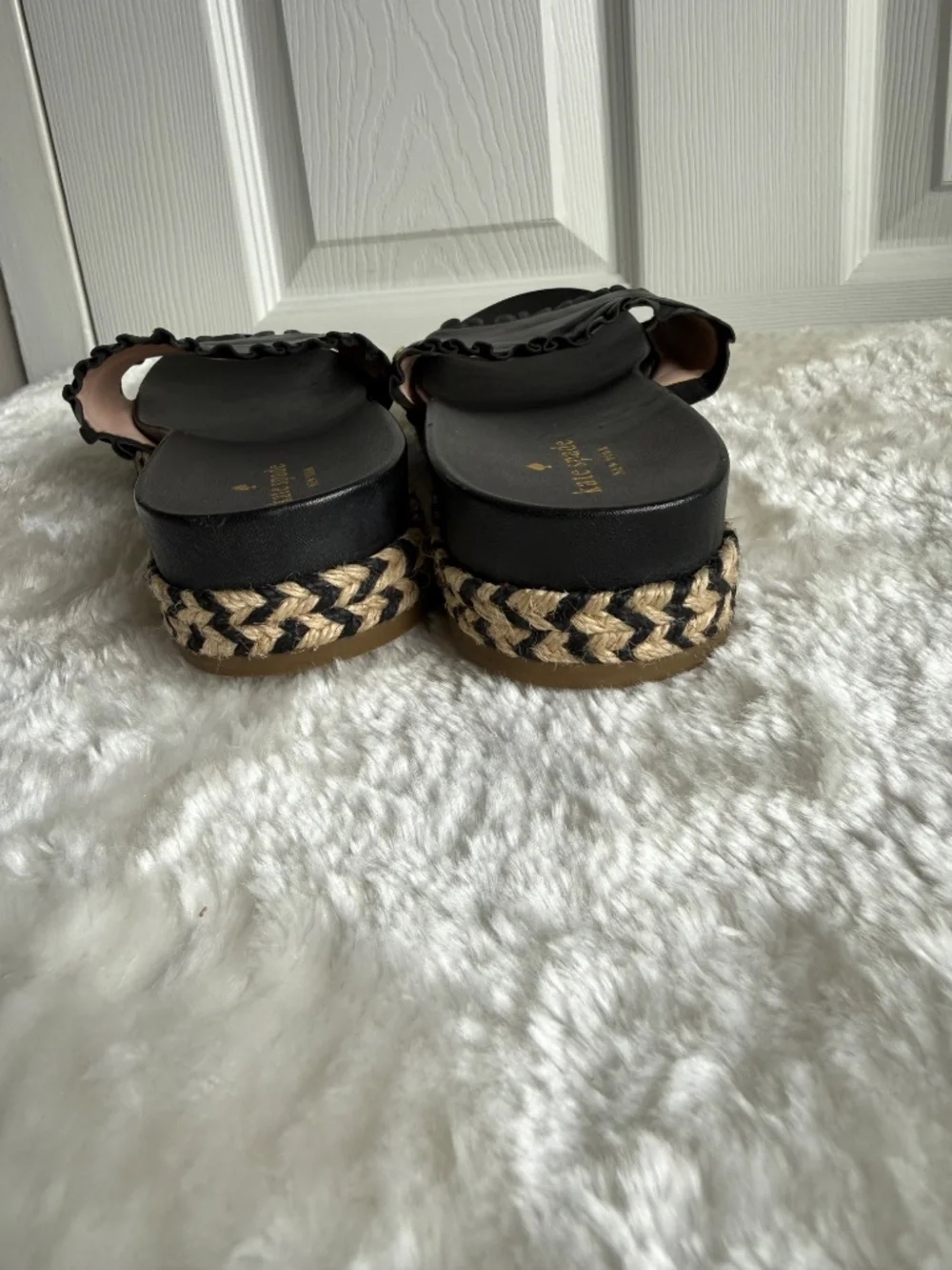 Kate Spade Zahara Black Leather Ruffle Espadrille Slide Sandals Size 9